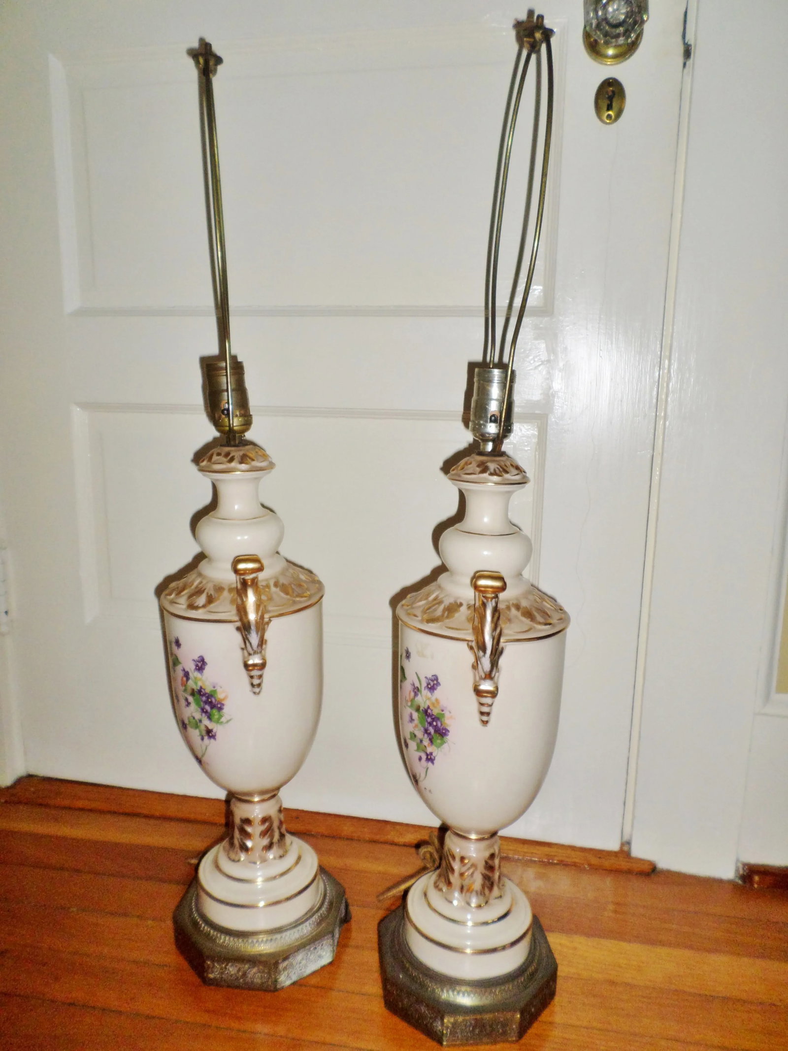 Vintage Porcelain Hand Painted With Violets Table Lamps - a Pair - 3
