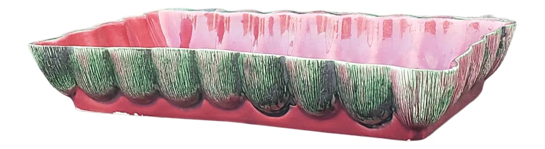 Vintage Aborn California Ceramics Planter Tray: Vintage Aborn California Ceramics Brutalist MCM Planter tray. This tray has a base color of glossy burgundy, the textured areas of the pottery are finished in a bottle green color, dark gray & a red