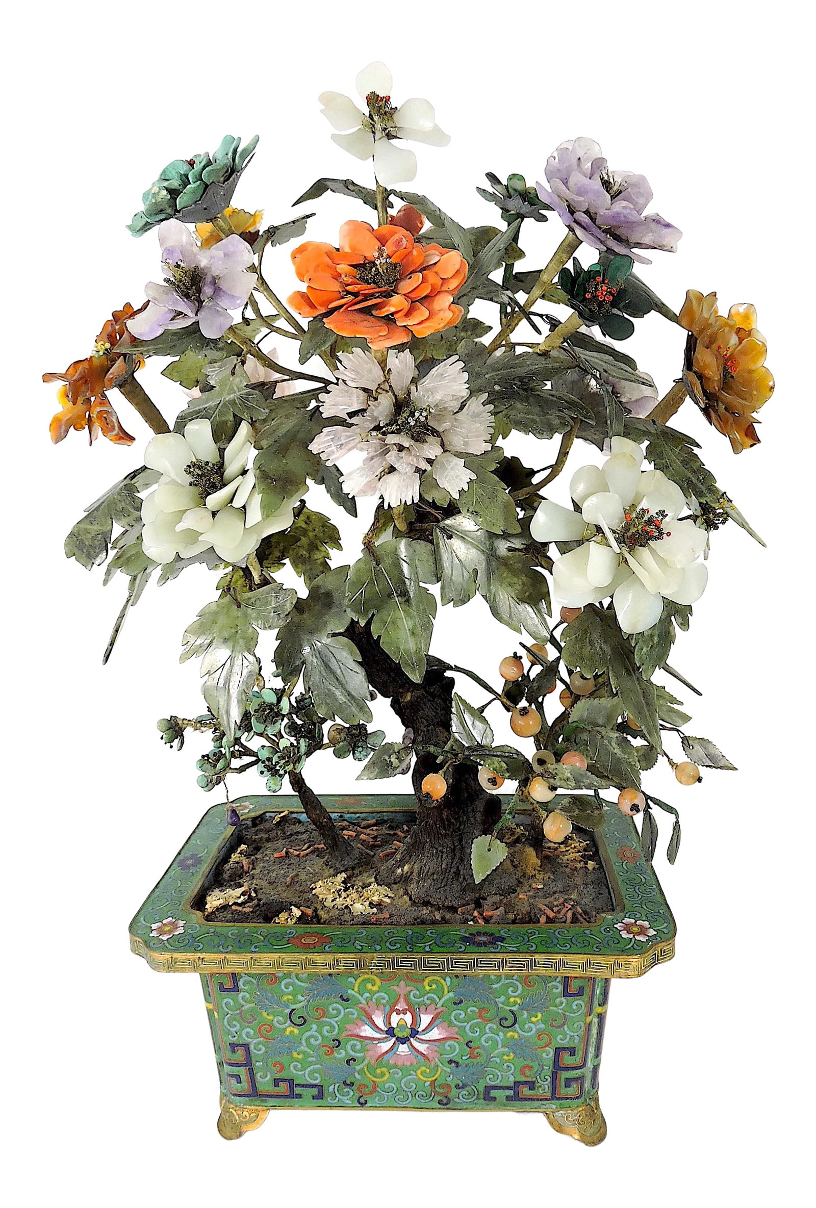 Antique Chinese Jade Tree With Semi Precious Gemstone Flowers in Gilt & Cloisonne Ming Style Planter: A rare, large first to second Quarter of the 20th Century ornamental jade tree is made from real jade (not glass), real gemstones/semi precious stones, the whole in a signed green and blue cloisonne