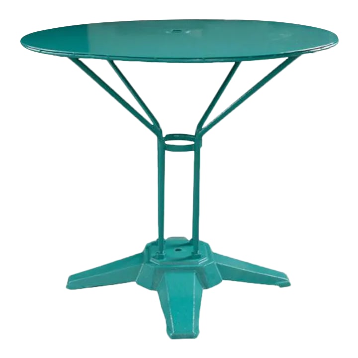 French Early 20th Century Vintage Metal Garden Table: This vintage pedestal base metal garden table is from France, Art Deco period circa 1930. It has been recently sandblasted and powder coated in an exciting shade of turquoise for weather protection