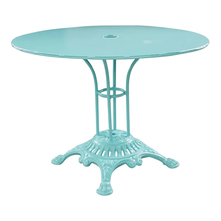 French Antique Metal Garden Table Powder-Coated: This pedestal base iron garden table is from France, turn of the century circa 1900. It has been recently sandblasted and powder-coated in an exciting shade of turquoise for weather protection in a