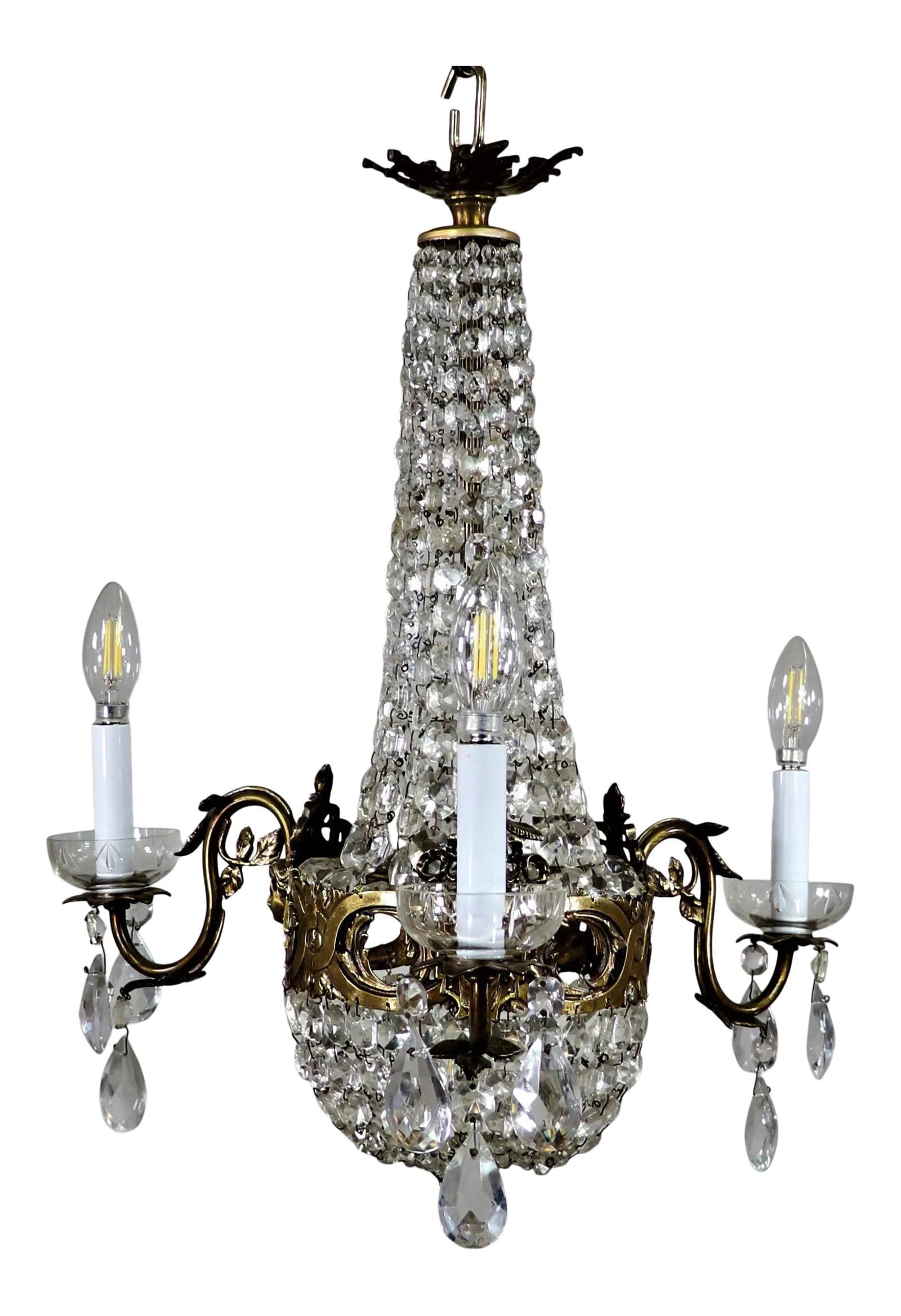 Circa 1910 Empire Style Crystal and Bronze Three Arm Chandelier (1 of 13)