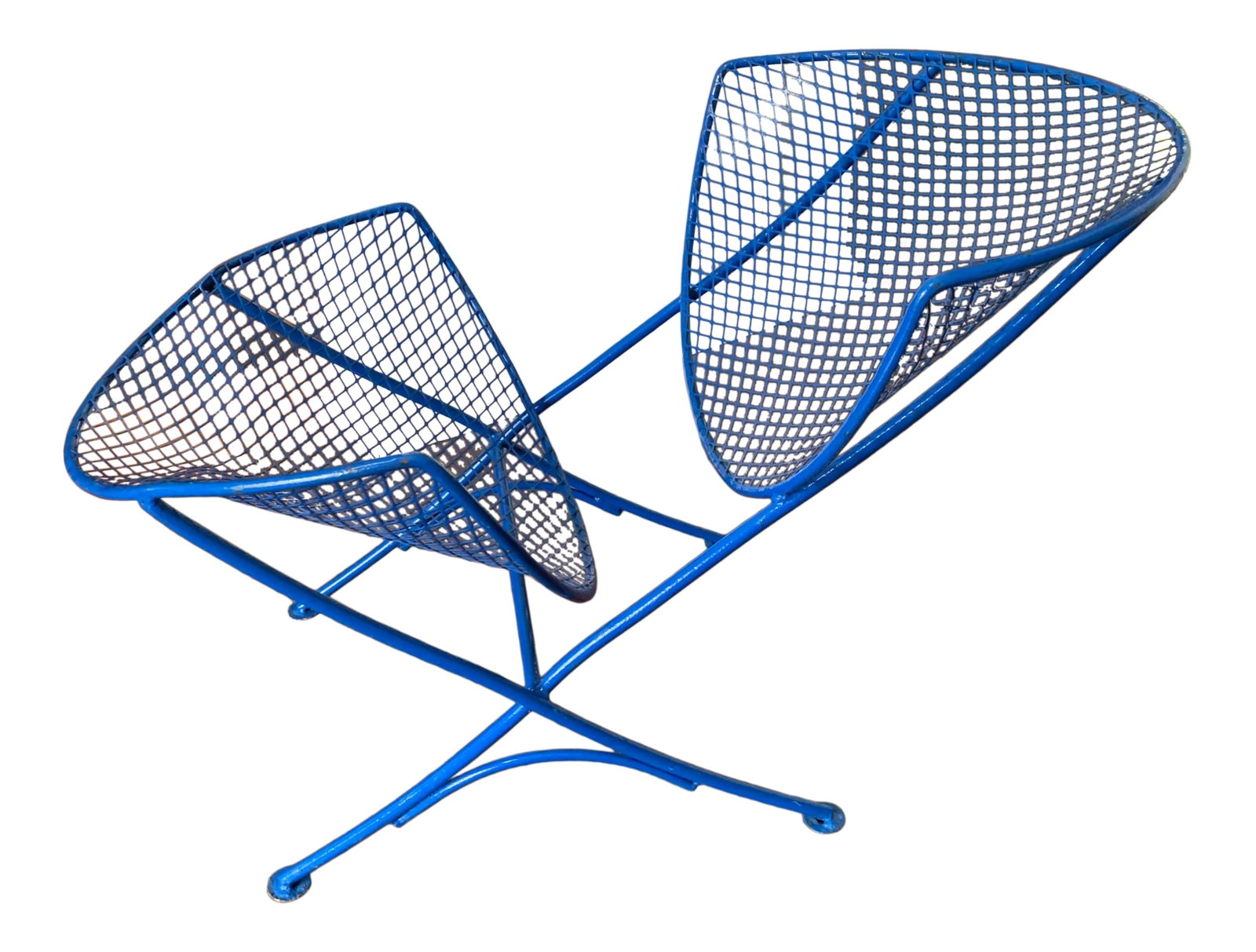 Vintage "Orange Slice" Chair Attributed to Salterini: Vintage Salterini "orange slice" chair. Recently professionally restored and powder coated in a vibrant beautiful blue. May be used indoors or outside on patio, terrace, porch or even ornamental in