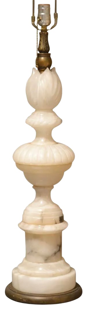 Vintage Mid-Century Italian Alabaster Lamp: Beautiful hand carved Italian alabaster lamp with detailed texture and wooden base. Lampshade not included. Dimensions: 8" Diam. x 30" H to socket, 43"H to top of finial/harp Condition: Alterations: