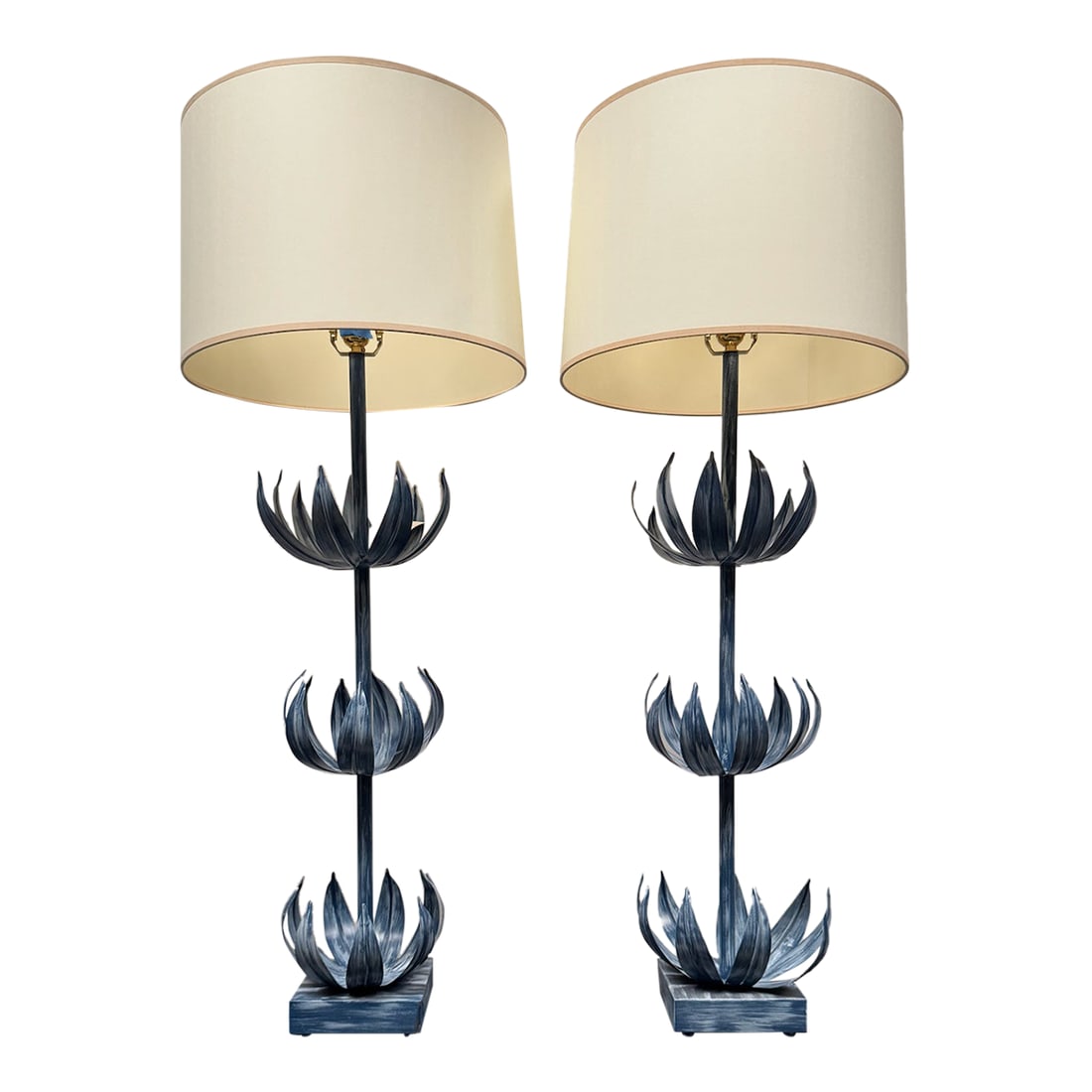 Late 20th Century Pair of Hand Painted Palm Leaf Lamps: Pair of hand painted metal table or buffet lamps. Blue with white over wash. Includes shades Condition: Imperfections: No Imperfections Condition Notes: Showroom sample displays. Very good condition