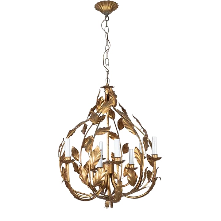 Mid-Century Modern Gilt Metal Foliate Motif Chandelier: Gilt metal, bulb-shaped chandelier with delicate branch and leaf foliate motif. Condition: Alterations: Restored Imperfections: Some Imperfections Condition Notes: -This item is in good vintage