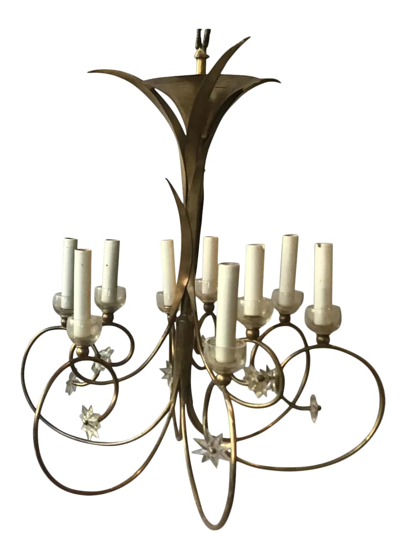 1960s French Brass Chandelier with Stars: 1960s French brass chandelier with plastic stars. From a Greenwich, Connecticut estate. Condition: Alterations: Unknown Imperfections: Some Imperfections Condition Notes: Good Wear consistent with