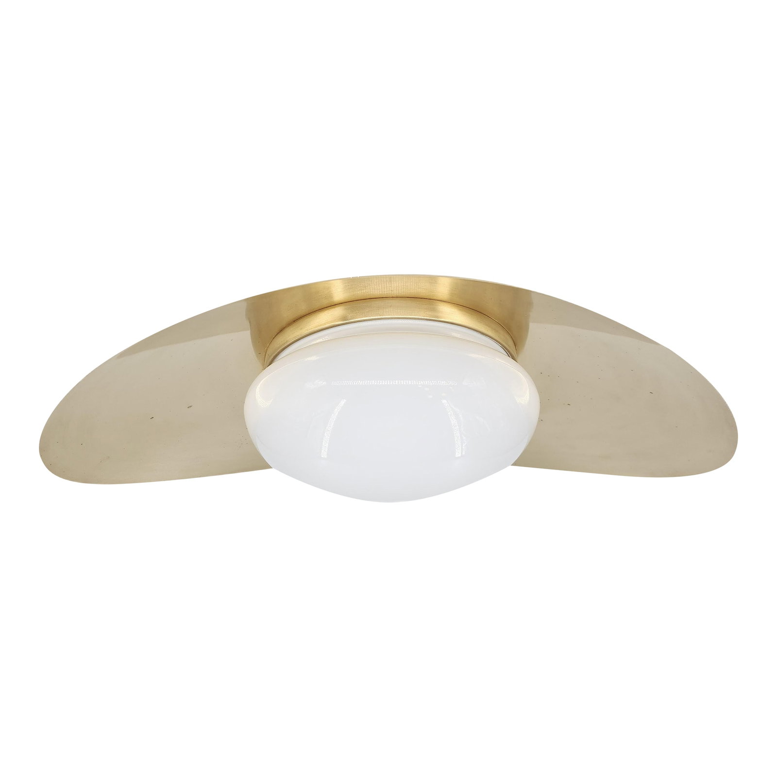 Kelly Wearstler Nouvel Flush Mount Light for Visual Comfort in Antique Burnished Brass & White Glass: A sculptural flush mount designed by Kelly Wearstler for Visual Comfort, the Nouvel ceiling fixture pairs refined architectural form with warm, ambient light. Crafted in antique burnished brass and