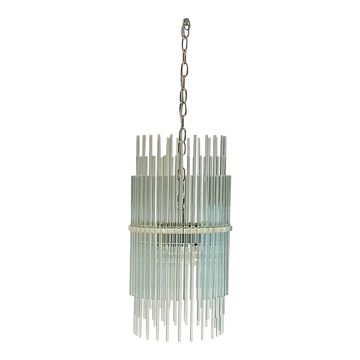 Mid 20th Century Attributed to Gaetano Sciolari Glass Rod Chandelier: Stunning Mid Century Modern two tier glass rod and Lucite chandelier in the style of Gaetano Sciolari for Lightolier. Three brass sockets for standard bulbs. Unusually thick lucite hold the glass
