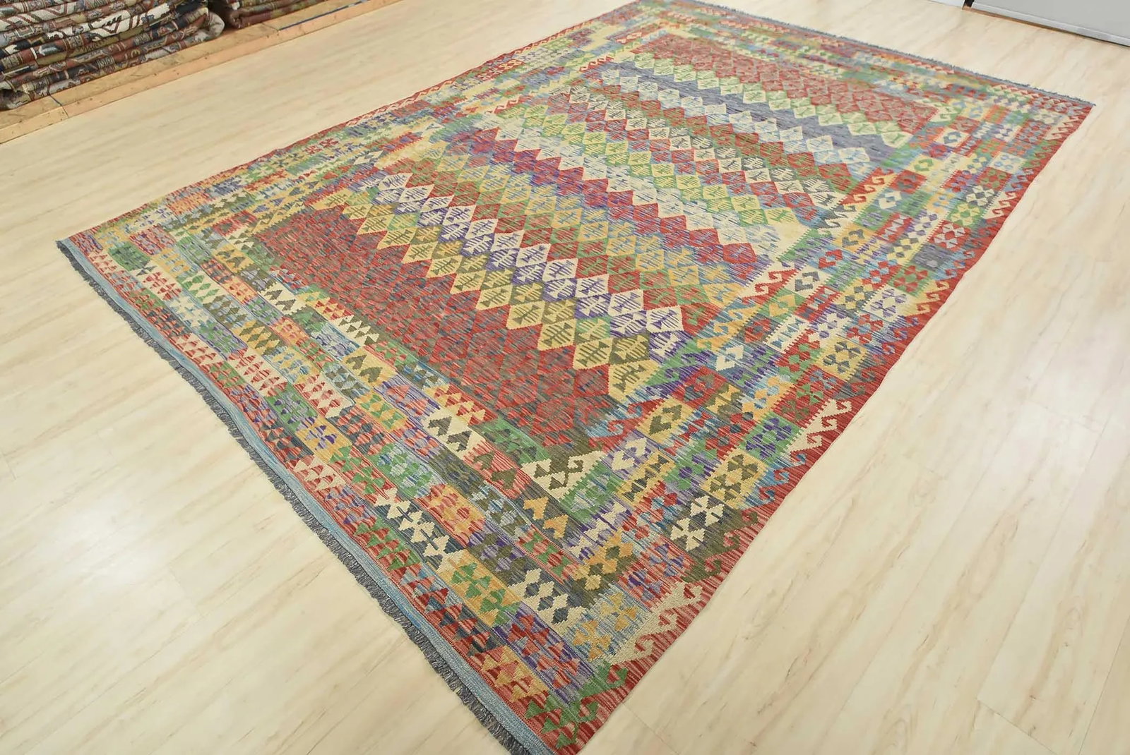 Kilim Rug 8'7'' X 11'11'' Multicolor Wool Geometric Handwoven Oriental Carpet - 3