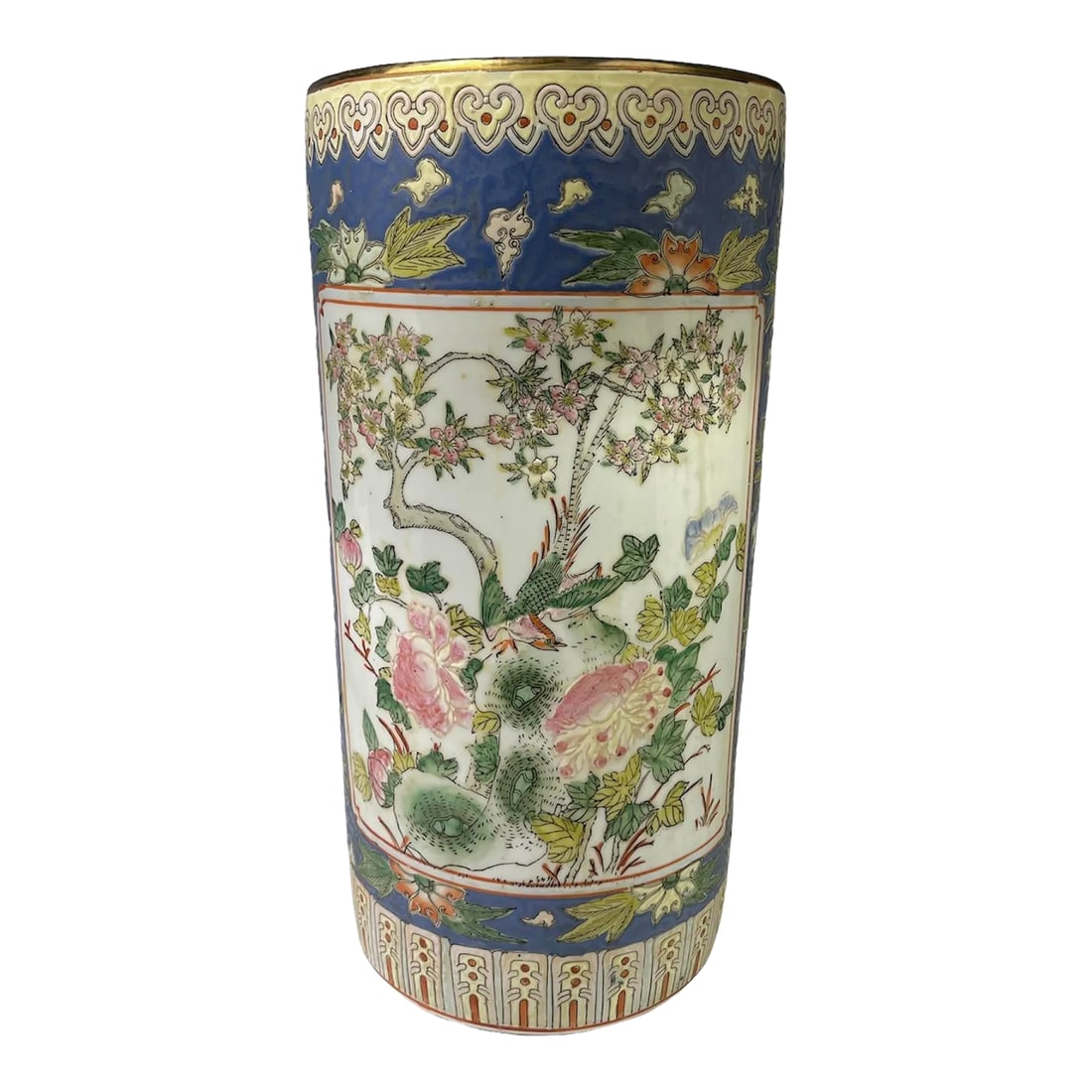 Vintage Chinese Porcelain Umbrella Stand: Add an Asian touch of elegance to your decor with this fine Chineses porcelain umbrella stand from the 1950s. Highly decorated with bird motifs and gold gilt around the top rim. A fine porcelain umbre