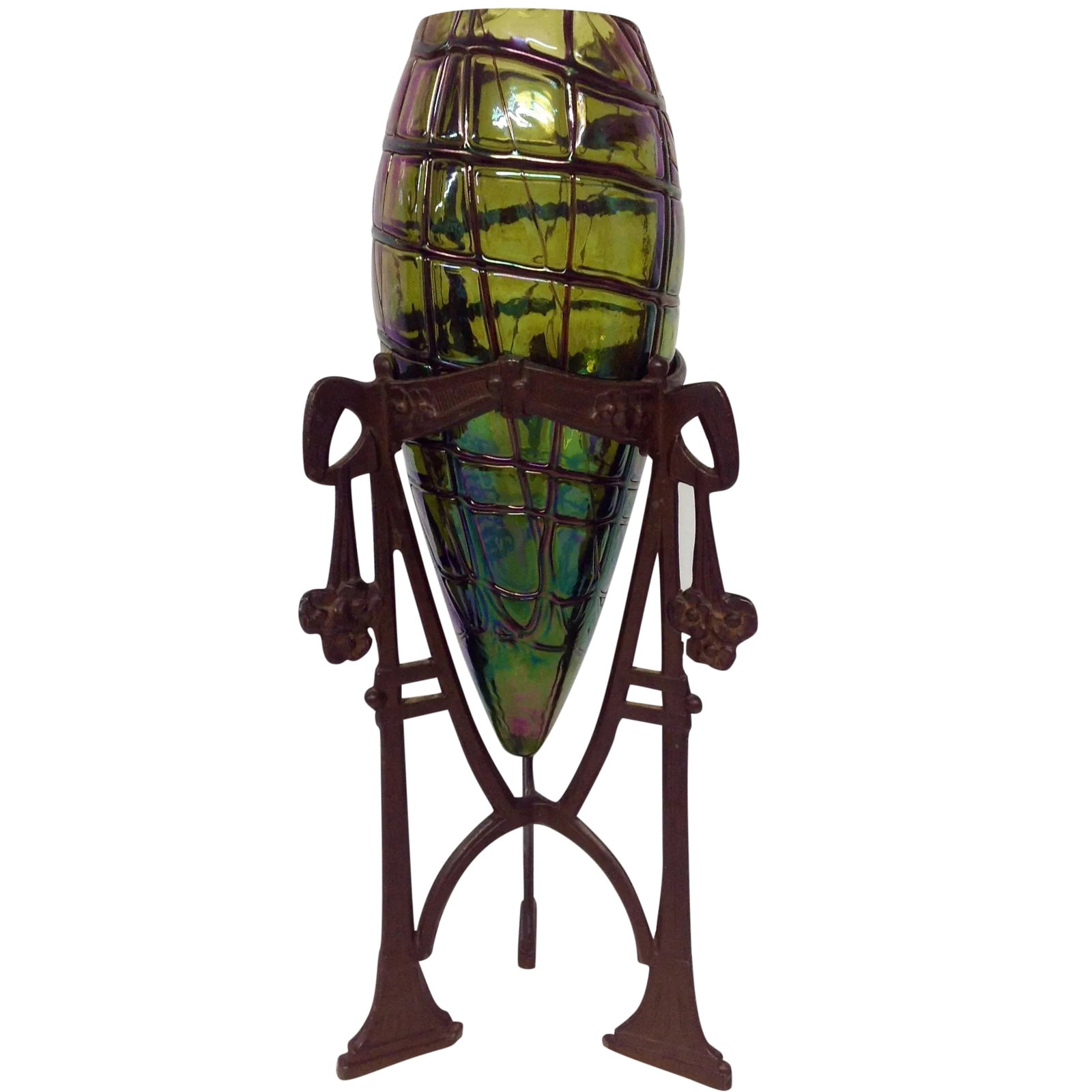Loetz Glass Insert in a Jugendstil Metal Holder: Loetz Glass Insert in a Jugendstil Metal Holder. Beautiful colors and metalwork. Condition: Condition Notes: Excellent - Minor wear consistent with age and history Creator: Brand: Czechoslovakia;