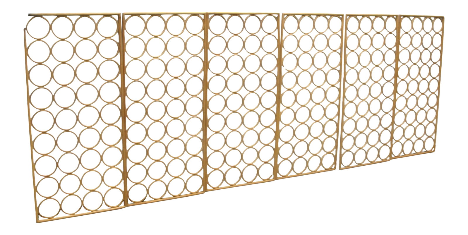 1960s Decorative Rattan Panels: Mid-century contemporary style individual rattan panels set of six. Hand formed attached circles enclosed in a rolled stick frame. Each panel can be utilized individually or as a complete set in
