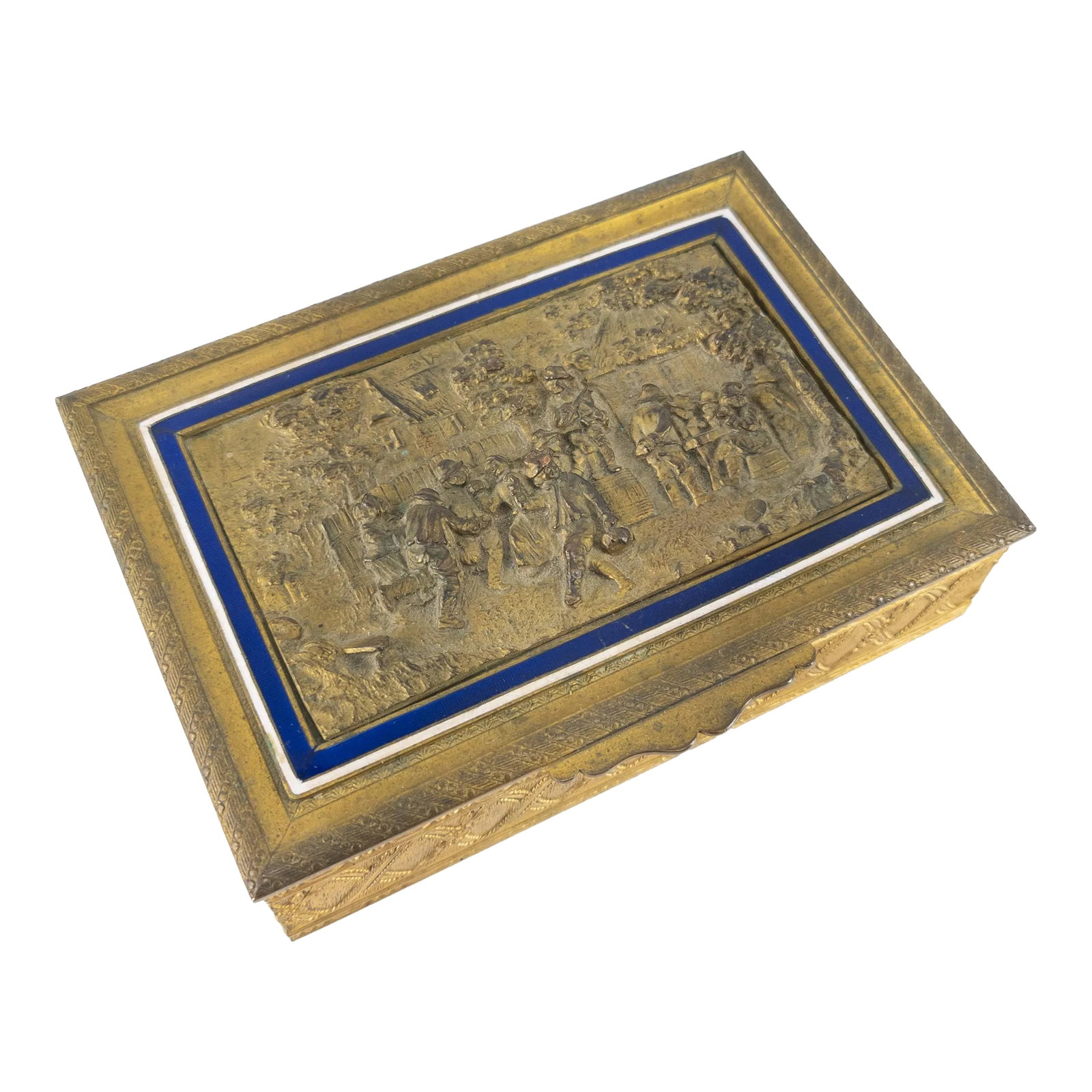 French Gilt Bronze and Enamel Cigarette or Trinket Box: We are selling this nice little decorative box. This gilt bronze box has repousse style landscape scene with bright blue enamel border. The box is marked France and the wooden lining makes us believe 