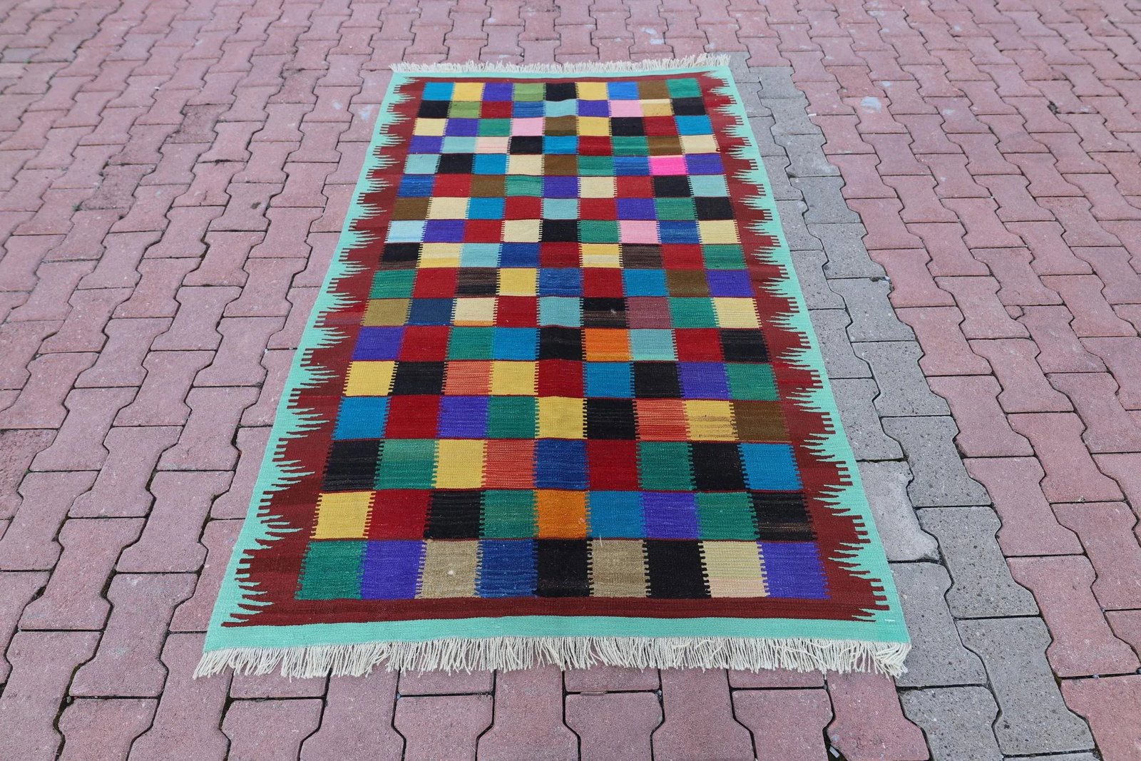 1960s Vintage Turkish Hand Knotted Rainbow Geometric Kilim Rug - 12