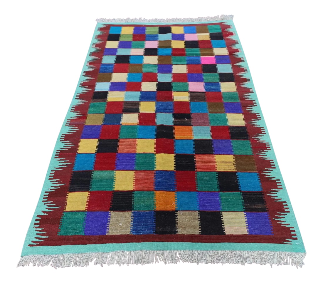 1960s Vintage Turkish Hand Knotted Rainbow Geometric Kilim Rug: 1960s Traditional Turkish Hand Knotted Vintage Oushak Kilim Rug Size: 4.2 x 6 ft - 127 x 181 cm - 50 x 71 inches Color: Organic Natural Dye ( Blue, Yellow, Red, Beige ) Material: 100% Hand Spun