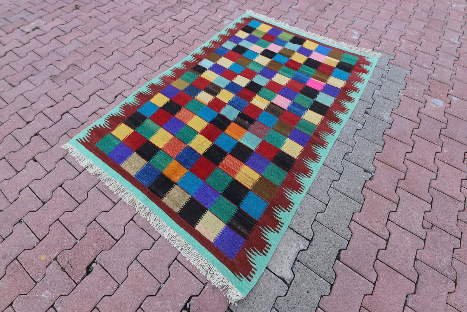 1960s Vintage Turkish Hand Knotted Rainbow Geometric Kilim Rug - 2