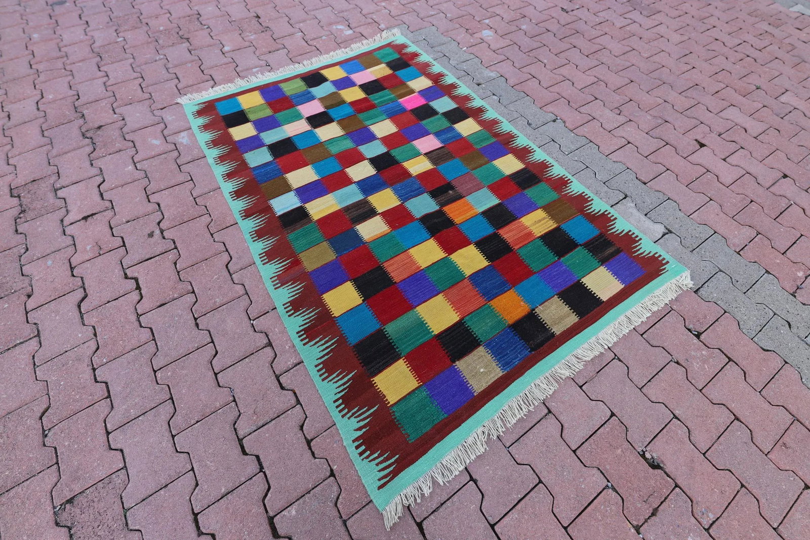1960s Vintage Turkish Hand Knotted Rainbow Geometric Kilim Rug - 3