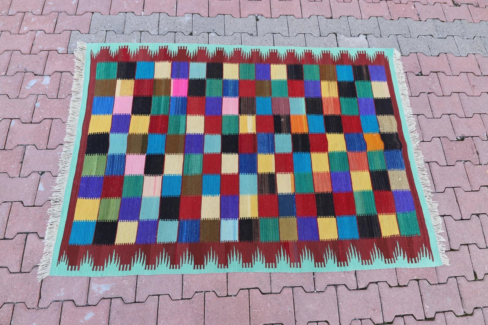 1960s Vintage Turkish Hand Knotted Rainbow Geometric Kilim Rug - 4
