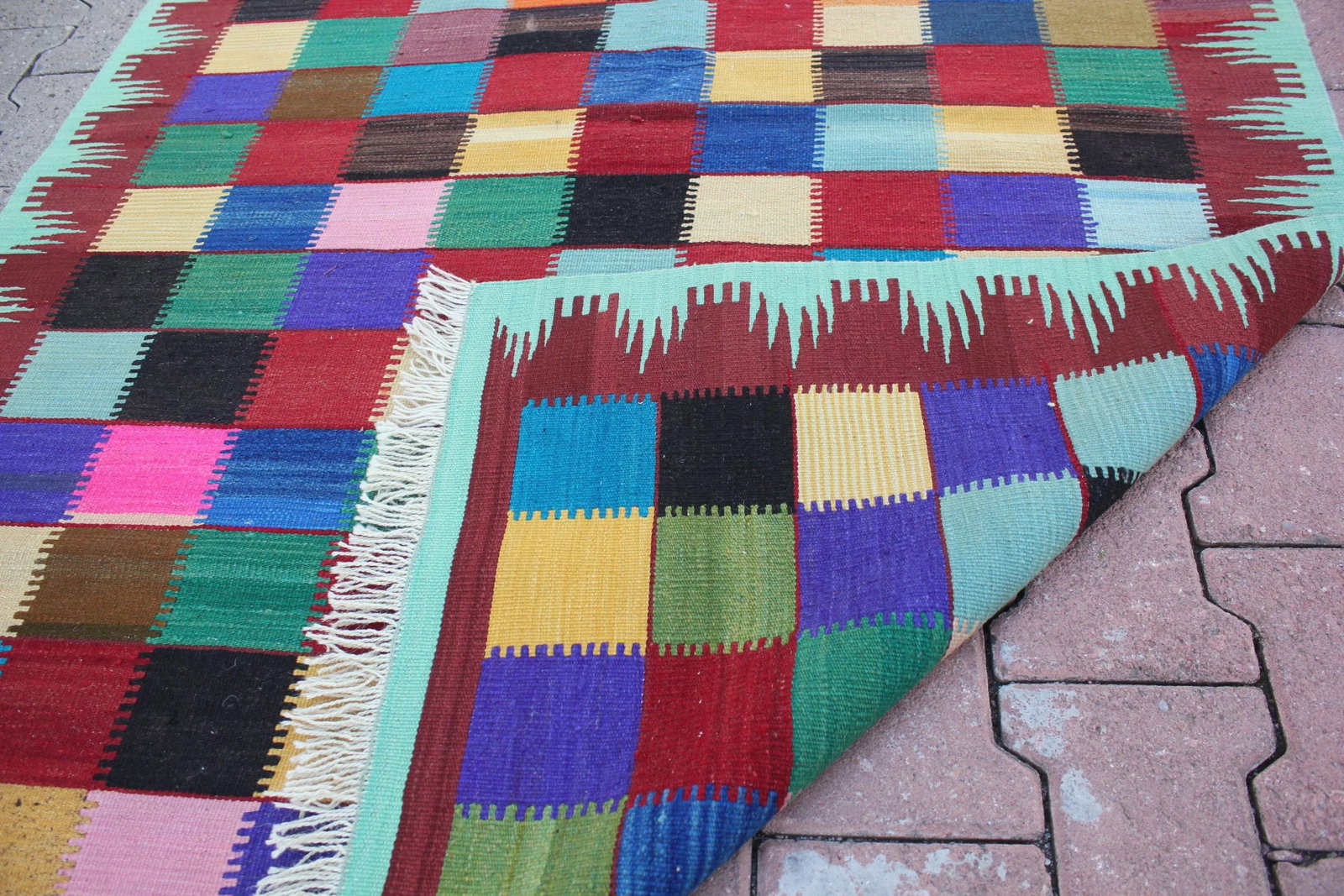 1960s Vintage Turkish Hand Knotted Rainbow Geometric Kilim Rug - 8