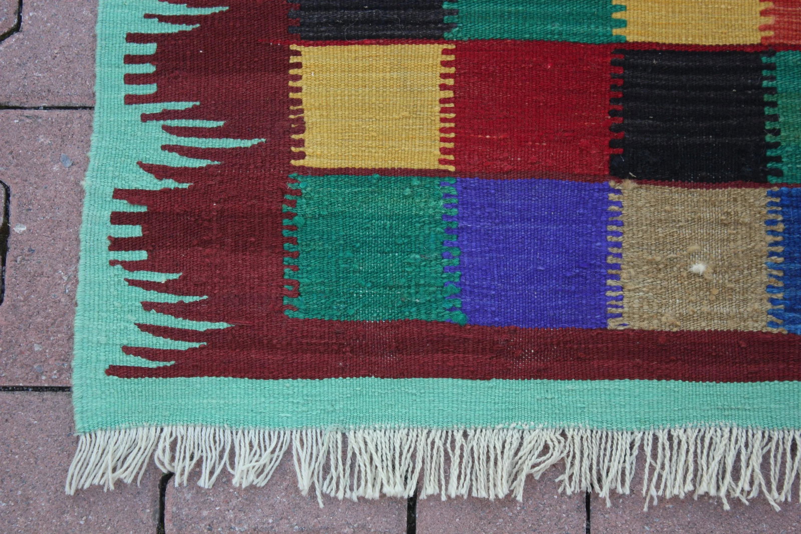1960s Vintage Turkish Hand Knotted Rainbow Geometric Kilim Rug - 9