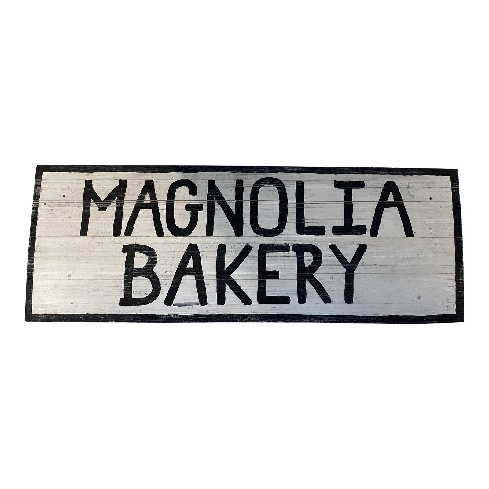 Original Magnolia Bakery Sign: Original Magnolia Bakery hand-painted sign from an upper state New York bakery. White background with black lettering, charming addition to a kitchen, pantry or mudroom for a vintage country look. Con