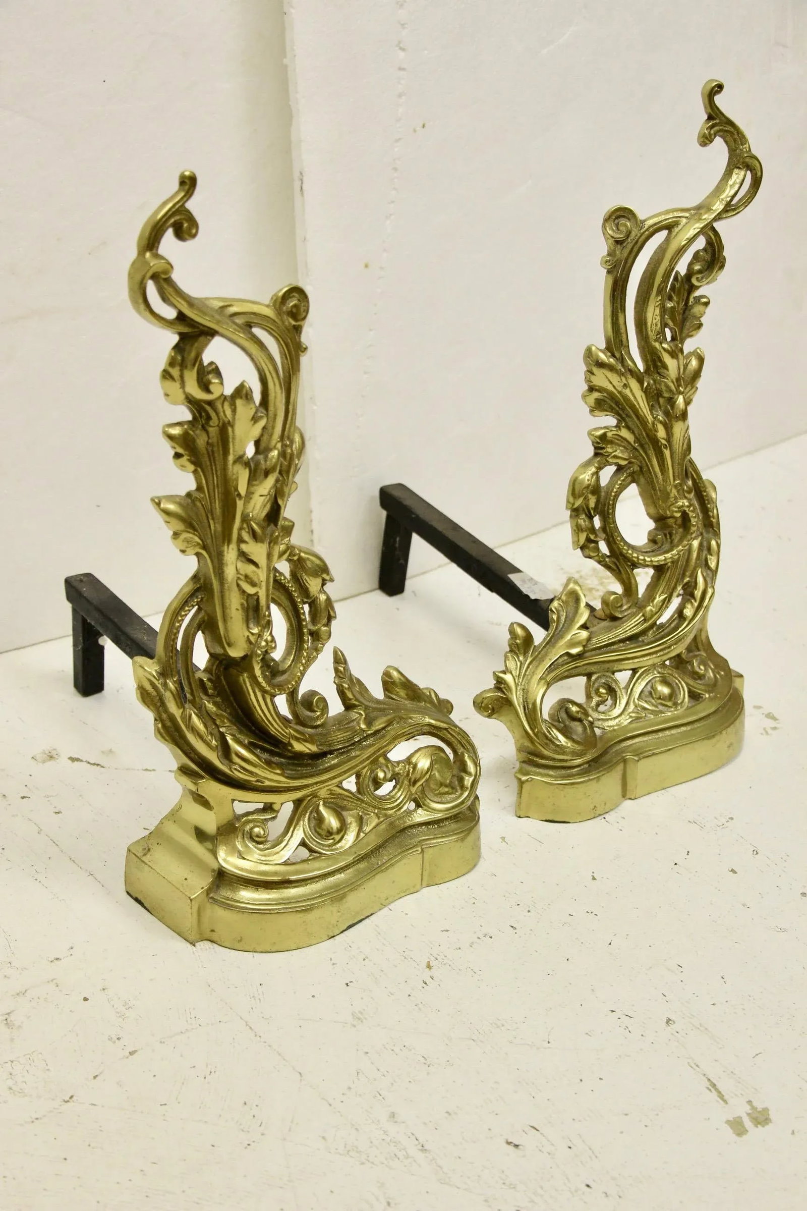 19th Century French Rococo-Style Brass Andirons, Pair - 2