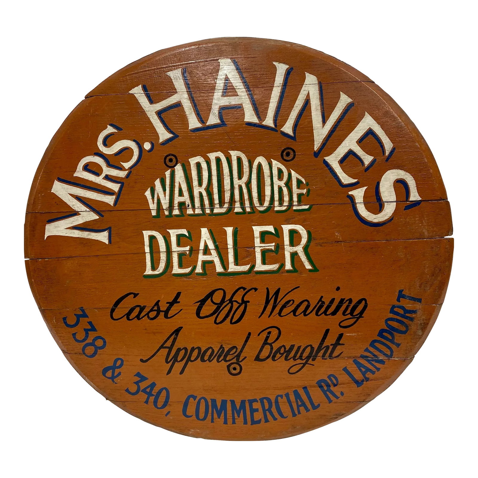 Antique Mrs. Haines Wardrobe Dealer Sign From England: Antique Mrs. Haines Wardrobe Dealer Sign From England. Measures 21" W x 20" T x 1 1/2" D Condition: Alterations: Original Condition Unaltered Imperfections: Some Imperfections Condition Notes: