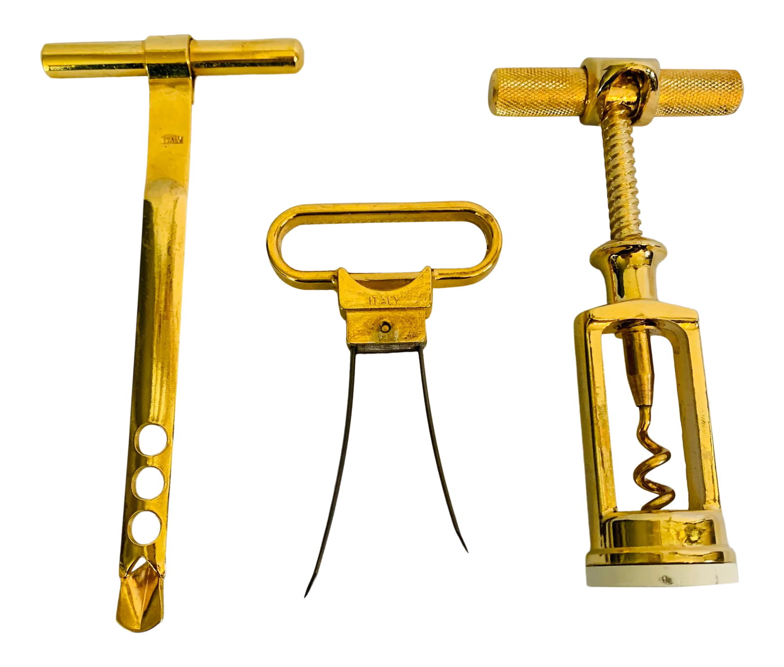 1960s The "Uncorkers Three" Vintage Bar Tool Set, Made in Italy - Set of 3: The "Uncorkers Three" by Invento Products Vintage Bar Tool Set Made in Italy ~ This golden mid-century glam set of Italian bar tools includes; "The Retriever", "The Easer" and "The Corkscrew" and