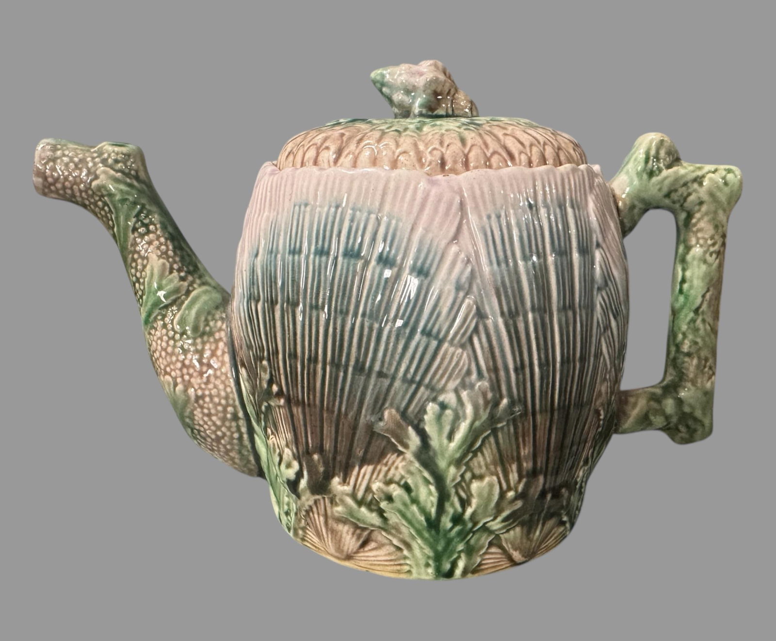 Antique Etruscan Majolica Shell & Seaweed Teapot - 11