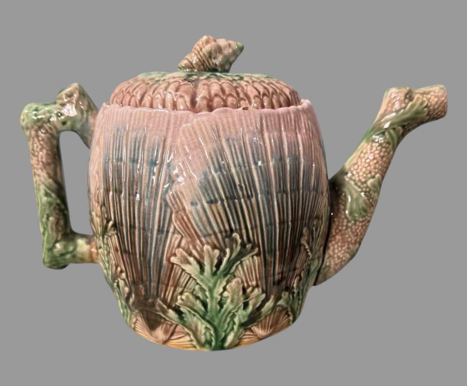 Antique Etruscan Majolica Shell & Seaweed Teapot - 8