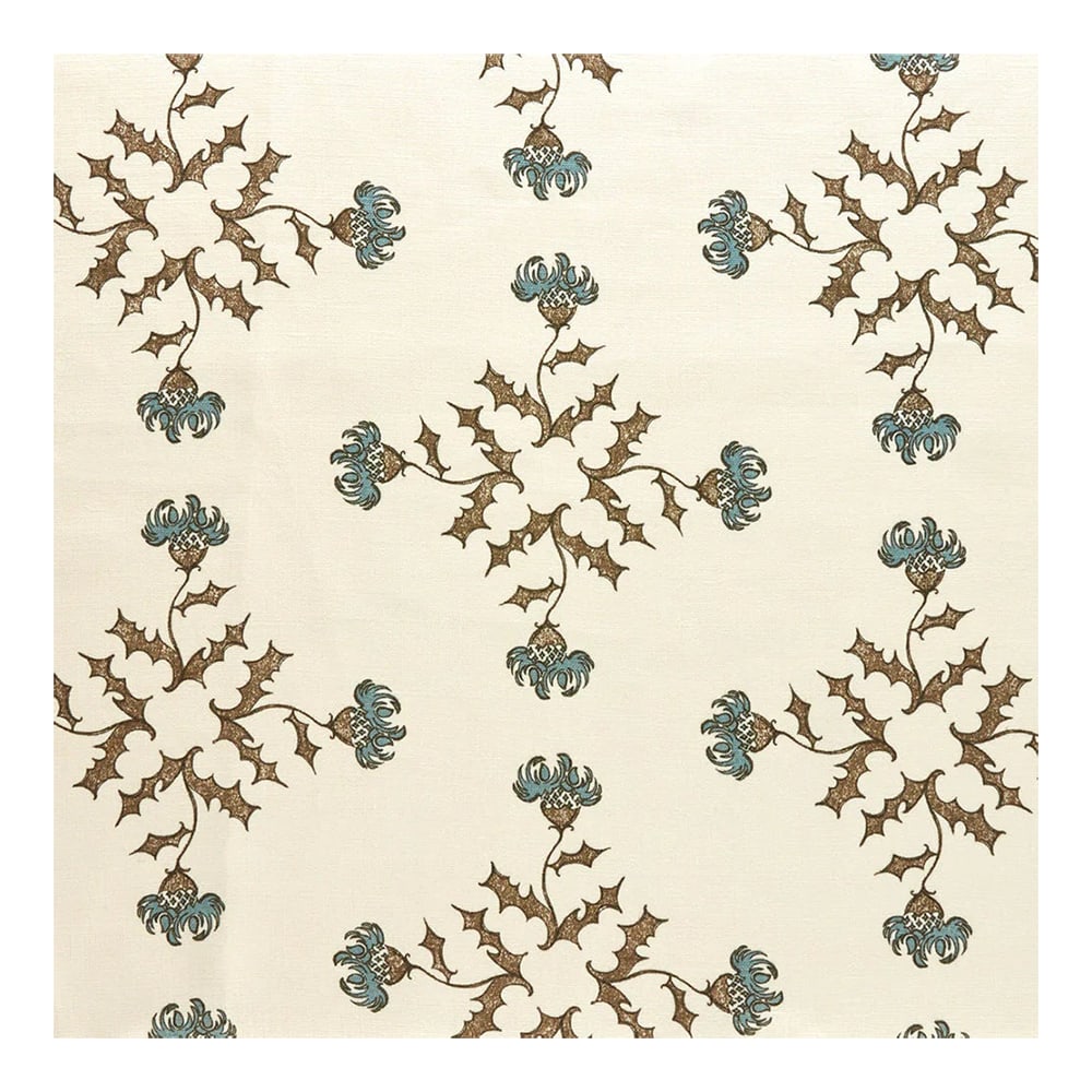 Heather Chadduck Thistleton Fabric Remnant in Mineral - Shy Yard: A geometric floral motif featuring a foliate diamond. Features tones of chestnut brown and mineral blue. Available piece is full width at 52" and 34" long. Printed on 100% linen Condition: