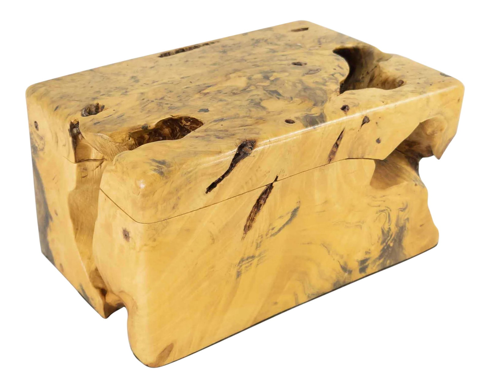 Mid Century Burlwood Decorative Box: We are offering this stylish late 20th century carved box. This box has light colored burlwood body, we're unsure of the wood, and surprisingly it is not signed. Dimensions: Height 3 7/8 Inches 9.7
