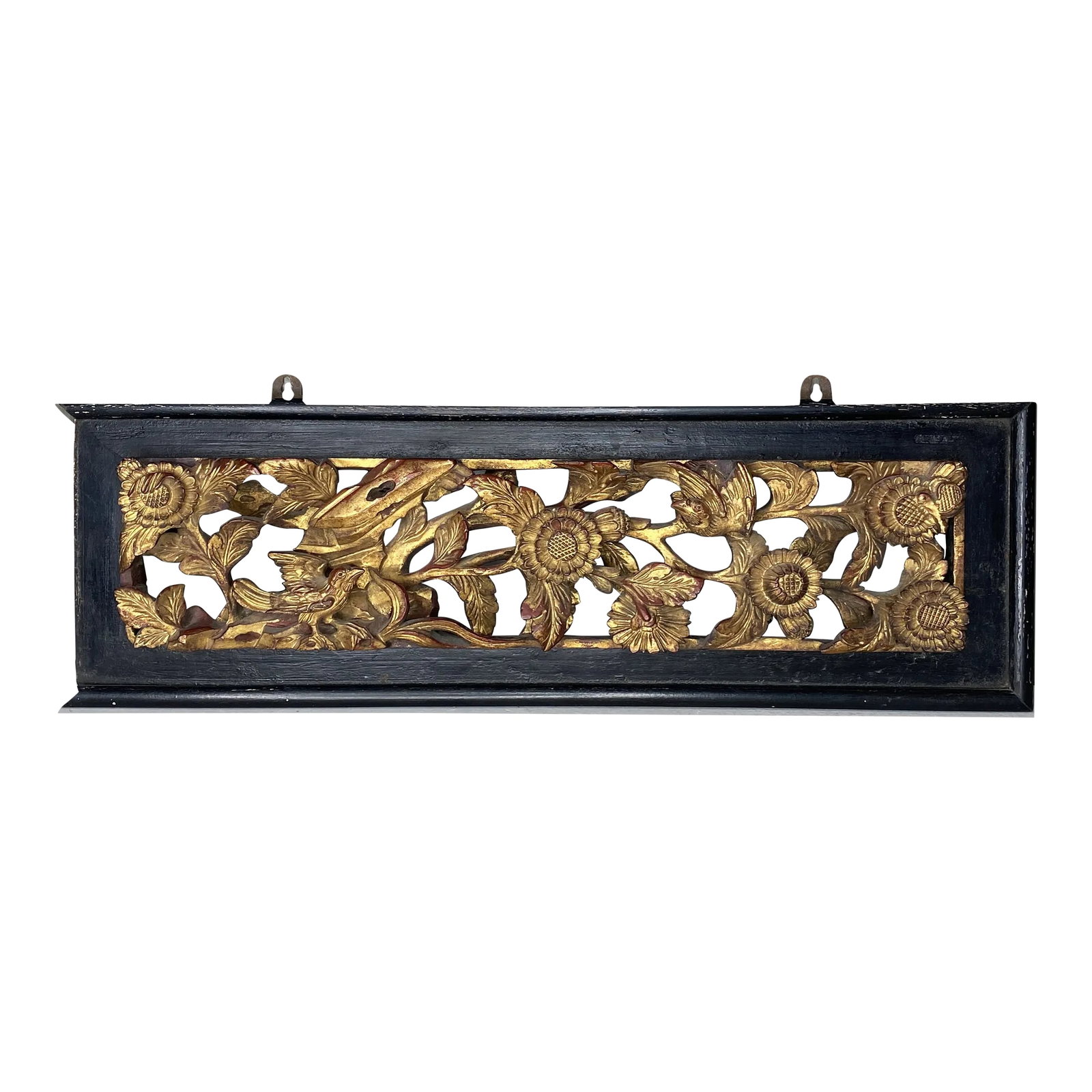 Large Antique Chinese Carved Panel: Truly lovely hand carved wood three dimensional raised carving of flowers growing out of a rock like formation with two birds and a winged insect, all of which are highlighted by a mellow gold leaf