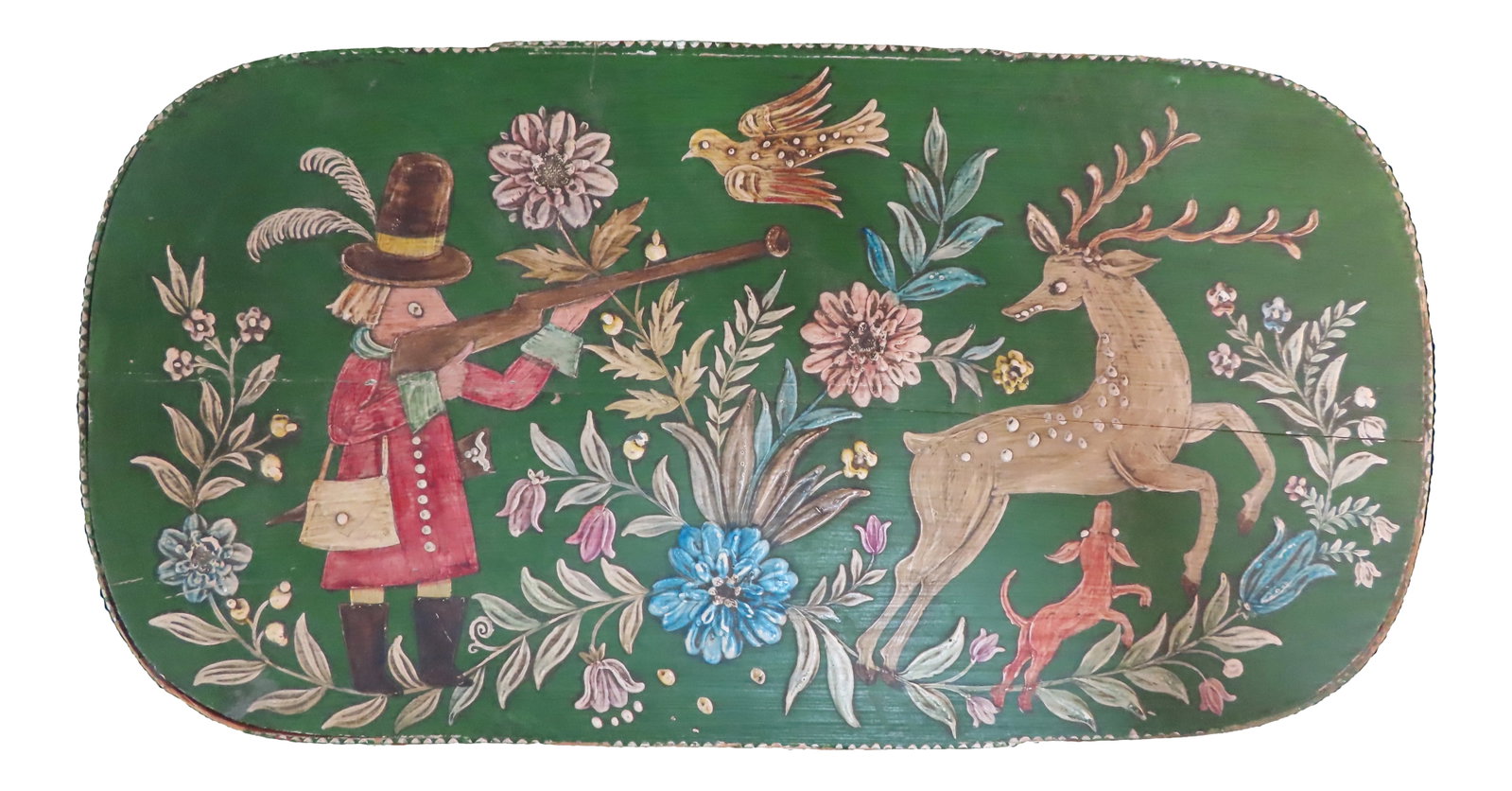 Vintage Hand Painted Tole Deer Hunting Scene Wood Keepsake Sewing Box With Lid: Very sweet oval bride's box with lid. Wood haand painted in green and sky blue with deer hunting scene on lid. Excellent condition with light wear at rim. Measures 13" x 6.5" x 5.5" tall. Condition: