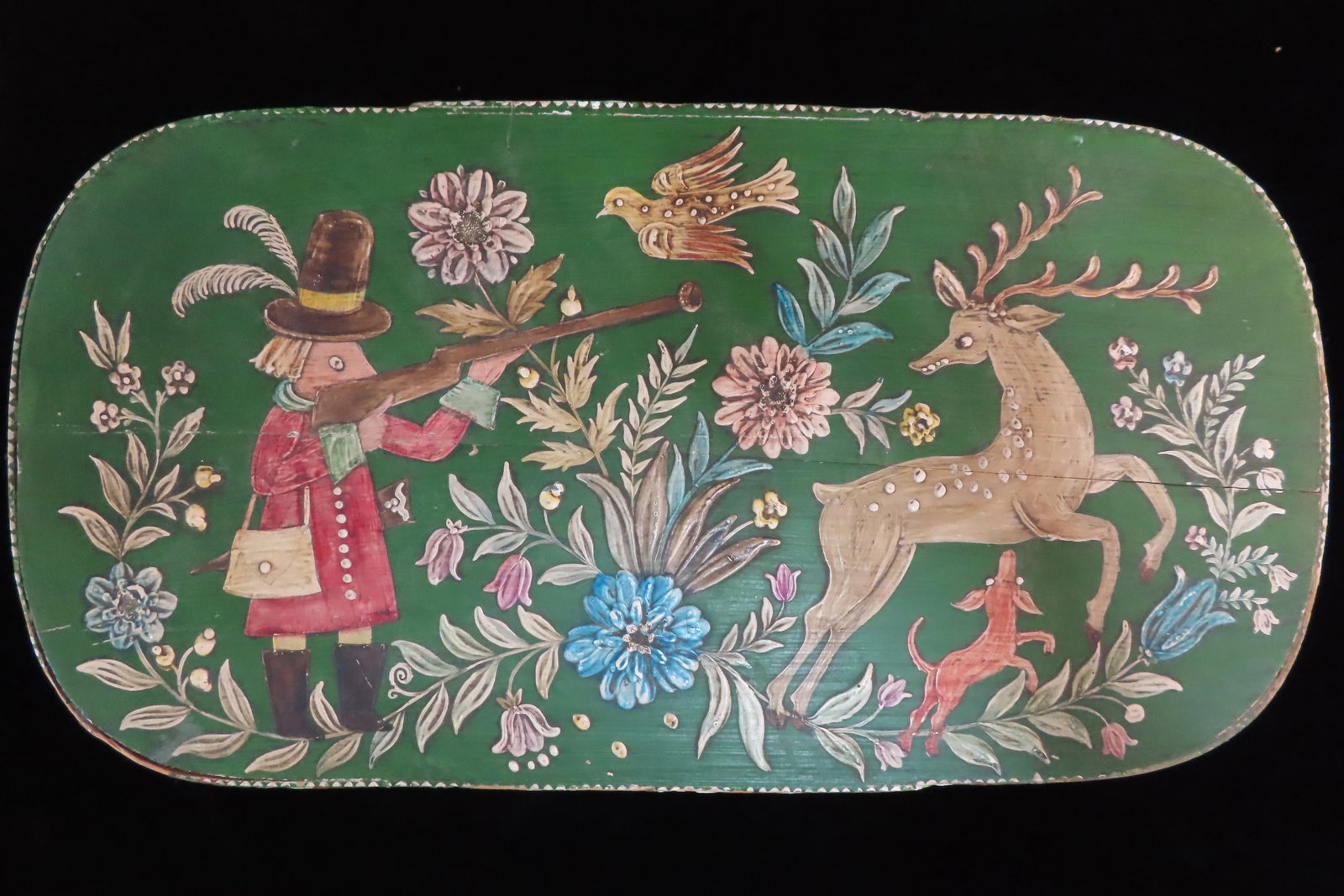 Vintage Hand Painted Tole Deer Hunting Scene Wood Keepsake Sewing Box With Lid - 9