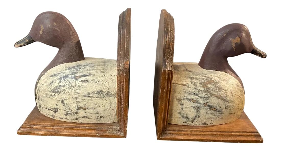 1980s Sarreid Ltd. Wooden Duck Bookends - a Pair: Vintage Duck Bookends from the 80's Hand painted wood. Distressed look. One pair of 2 bookends. Showroom Sample. Never used. Condition: Alterations: Original Condition Unaltered Imperfections: Some