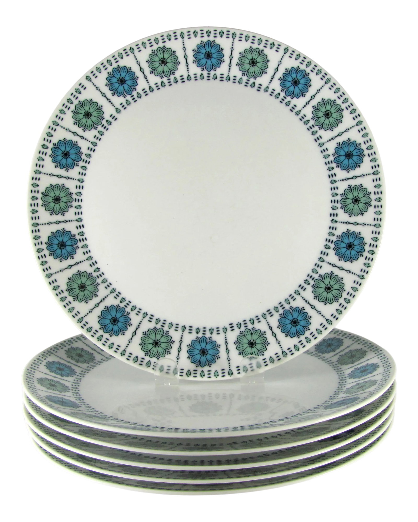 Vintage Turquoise & Green Atomic Flower Dinner Plates- Set of 6: Awesome retro dinner plates with no chips, cracks nor crazing Graphics are vibrant and crisp with little, if any, color loss Made of a material like porcelain, but a bit thicker Heavy-ish utensil mark