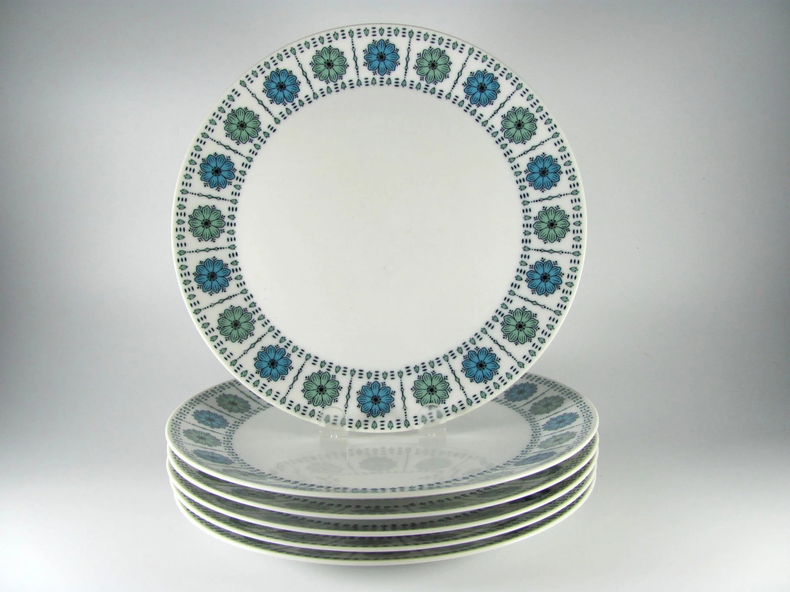 Vintage Turquoise & Green Atomic Flower Dinner Plates- Set of 6 - 8