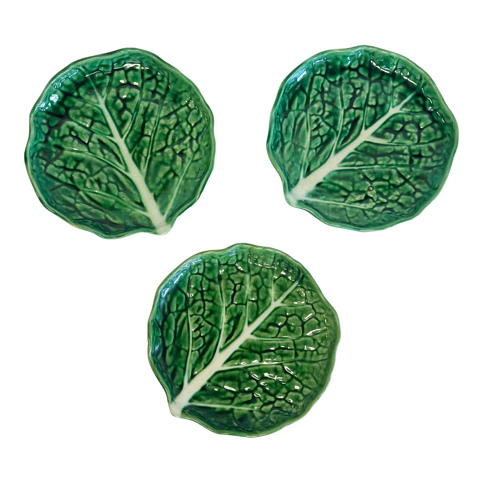 Vintage Bordallo Pinheiro Style Cabbage Leaf Plates, Set of 3: Vintage cabbage leaf appetizer plates in the style of Bordallo Pinheiro. Set of 3. Made in Portugal. Age wear. Condition: Alterations: Original Condition Unaltered Imperfections: Some Imperfections