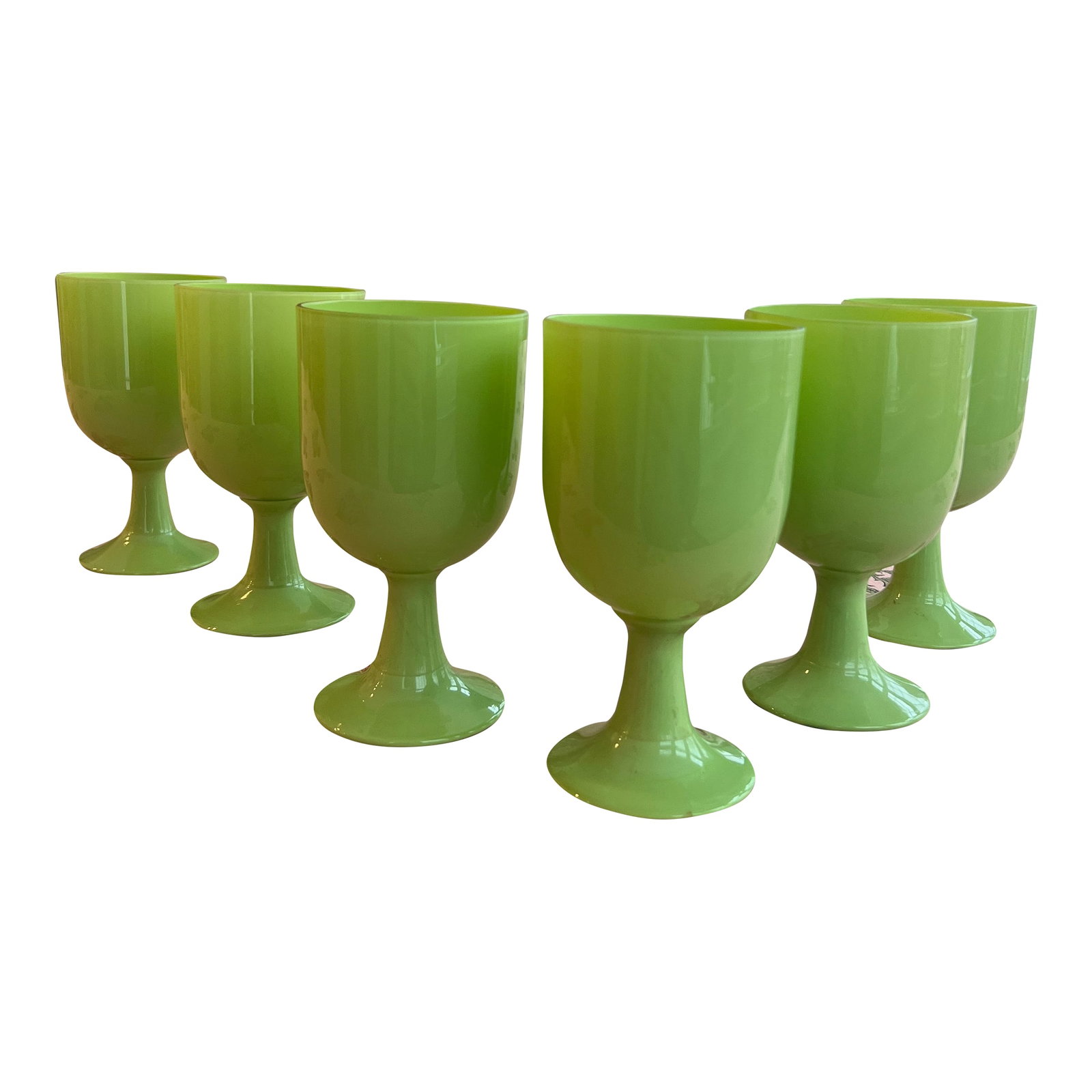 Rare Jade Green Portieux Vallerystal Opaline Glass Water or Wine Goblets: set of vintage Portieux Vallerystal jade green opaline glass water or wine goblets, made in France circa 1940s Condition: Alterations: Original Condition Unaltered Imperfections: Some Imperfections Co