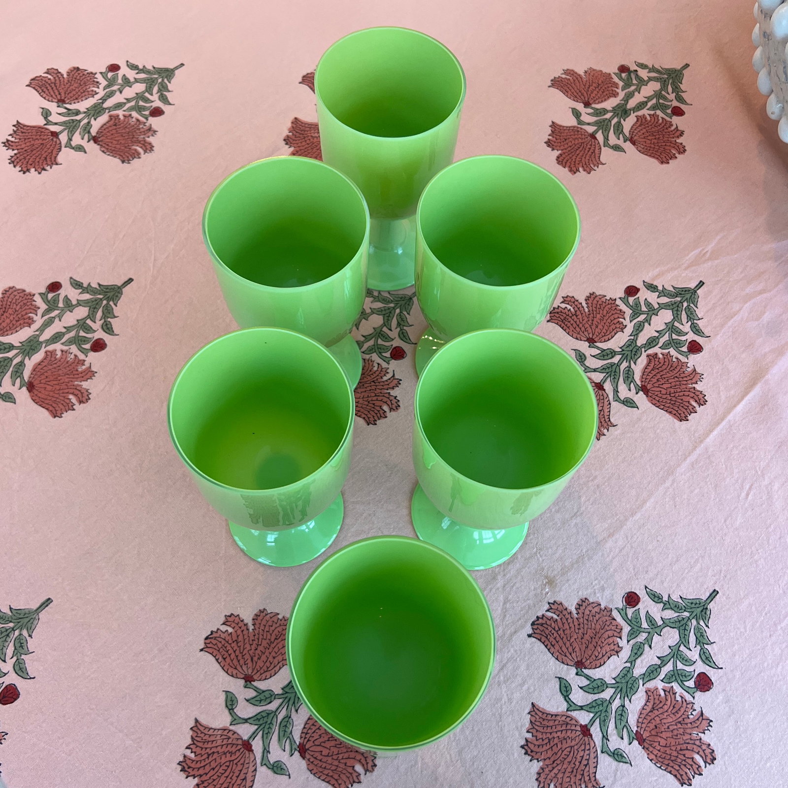 Rare Jade Green Portieux Vallerystal Opaline Glass Water or Wine Goblets - 6