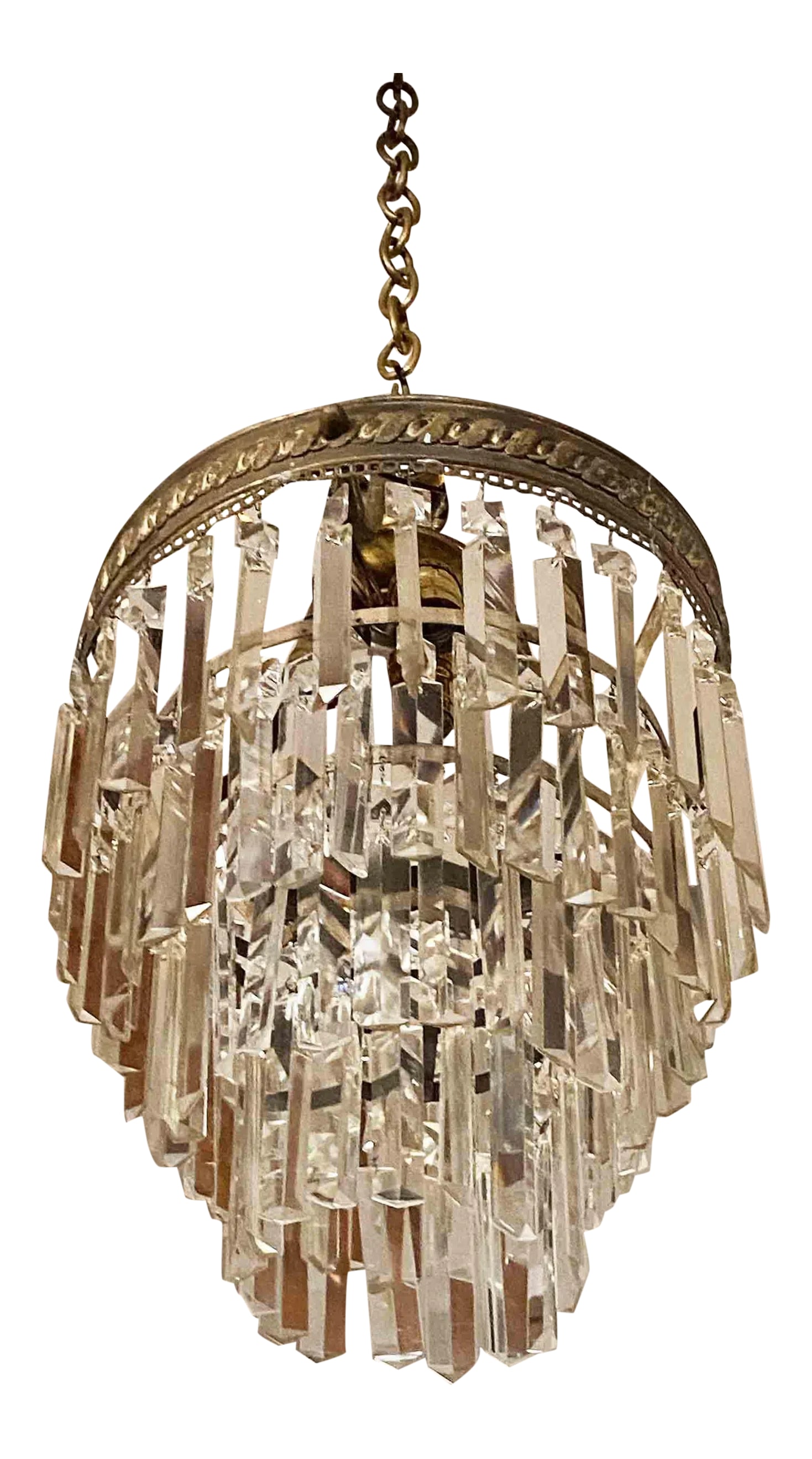 Antique Prism Chandelier: Antique early 20th century crystal prism chandelier. Raised brass ring on chain with four tiers of prisms. Condition: Alterations: Original Condition Unaltered Imperfections: Some Imperfections
