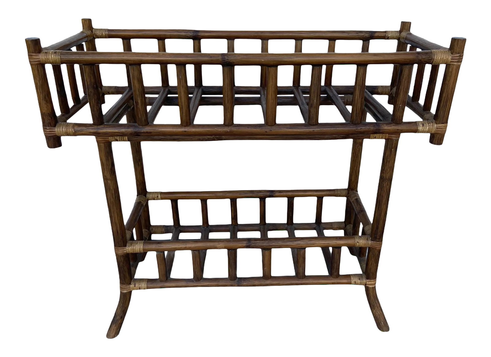 Vintage Two-Tier Bamboo and Rattan Plant Stand C. 1960's: This Vintage Rattan Bamboo 2 Tier Plant Stand exudes a boho coastal mid-century style, making it a unique and stylish addition to any indoor or outdoor space. Crafted from eco-friendly bamboo, this