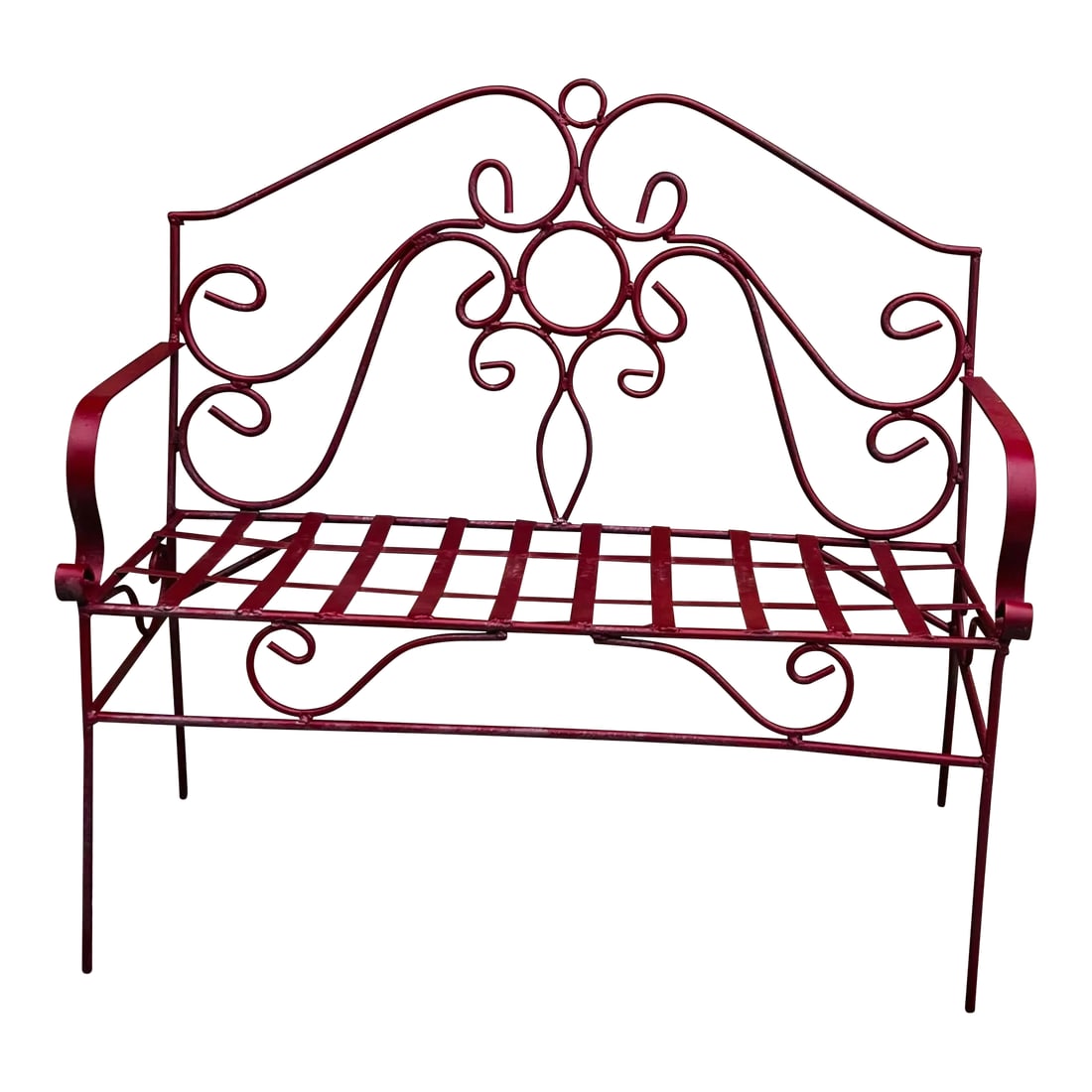 Vintage Iron Garden Bench: A wonderful diminutive Garden / Patio Bench in a striking brick red - just the thing to brighten your garden or patio. Found at a Colorado estate sale, it's in wonderful estate condition showing