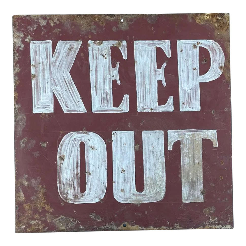 Original 1940s "Keep Out" Hand Painted on Steel: The best KEEP OUT sign I've ever had. Great font! Hand painted original from the 1940s About 12" x 12" Seller Managed Delivery to be shipped by seller within 3-5 business days Condition: Alterations:
