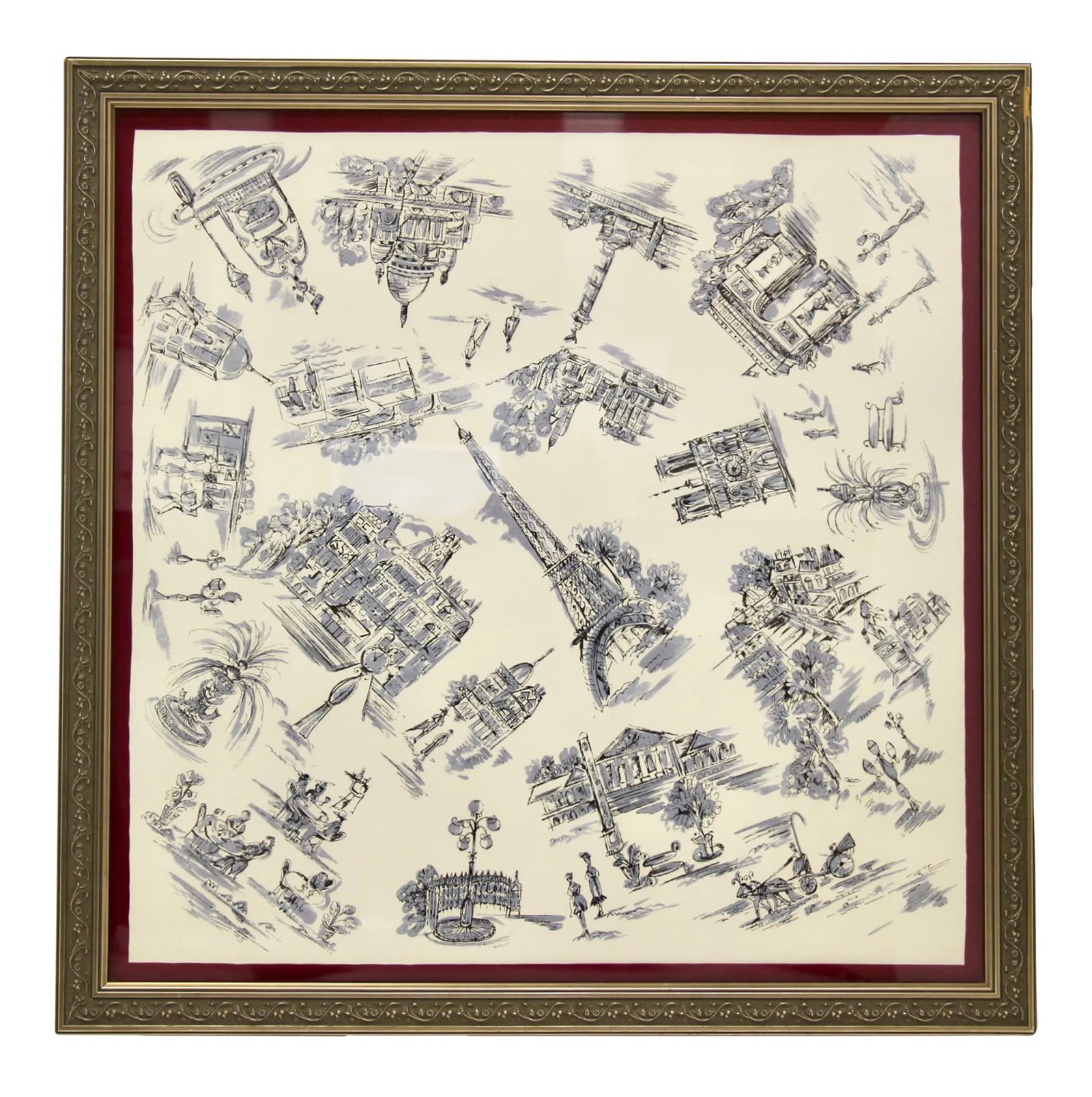 1950's-1960's Mid-Century Vintage Paris-Themed Silk Scarf Art, Framed: Lovely and unique 1950's-1960's Mid-Century Paris-Themed framed silk scarf art. Many beautiful and notable landmarks are in a casual sketched style--the Eiffel Tower, the Arc de Triomphe, Sacre Coeur,