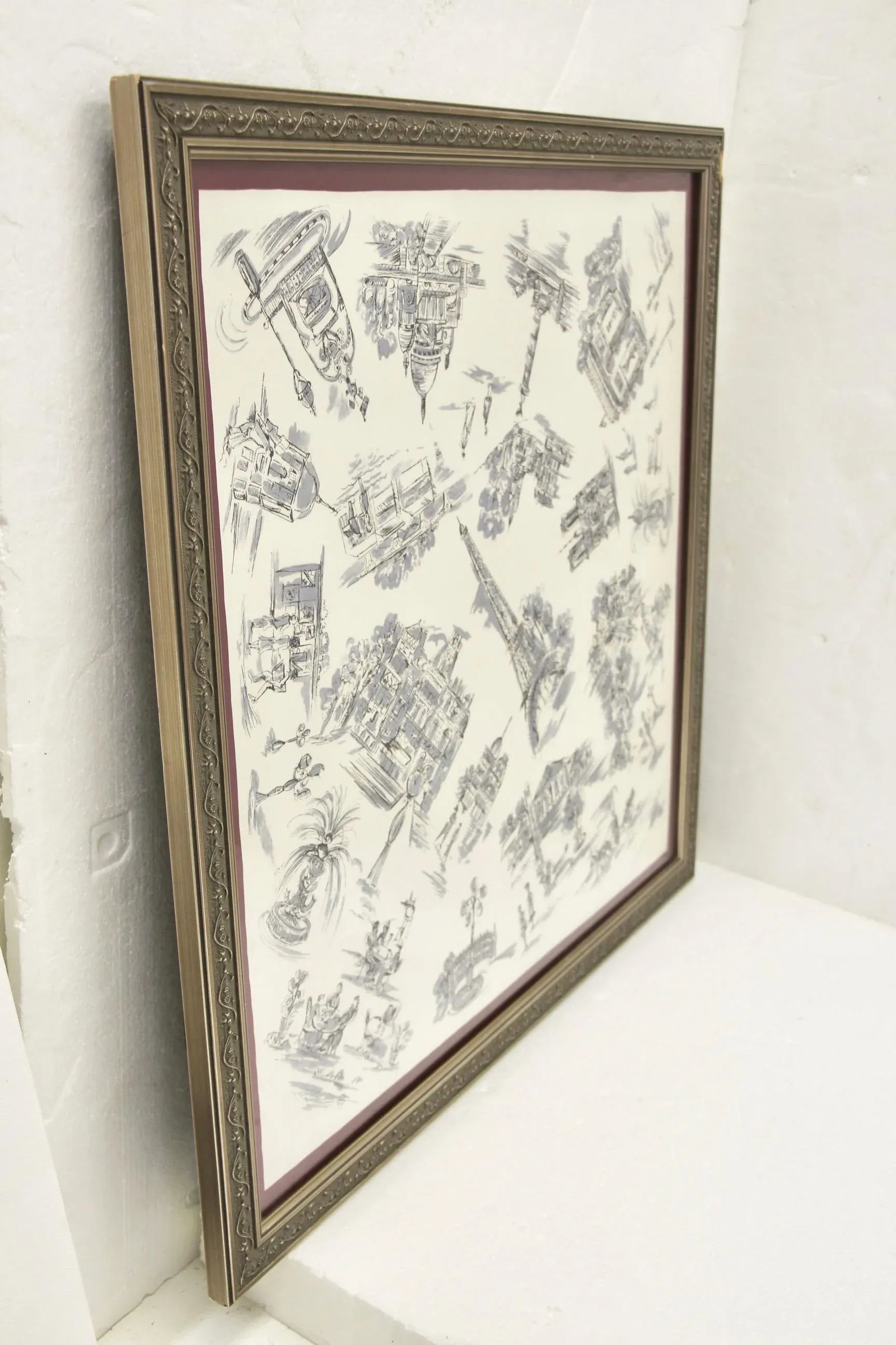 1950's-1960's Mid-Century Vintage Paris-Themed Silk Scarf Art, Framed - 2
