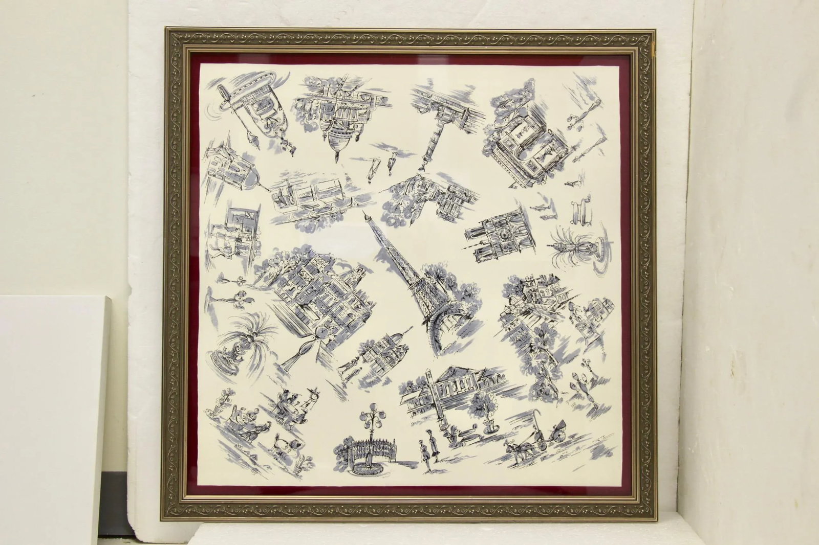 1950's-1960's Mid-Century Vintage Paris-Themed Silk Scarf Art, Framed - 9