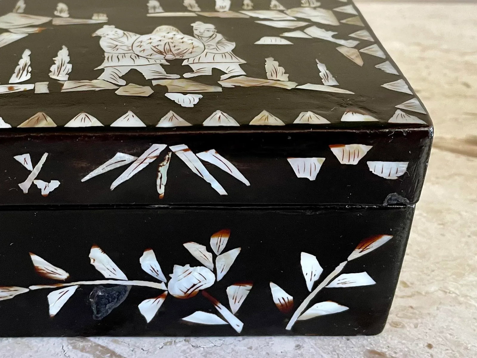 Antique Chinese Mother-of-Pearl Black Lacquer Wood Box - 10